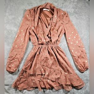 Idem Ditto Womens Elegant Brown Dress with Neck Tie, Gold Accents Size Small